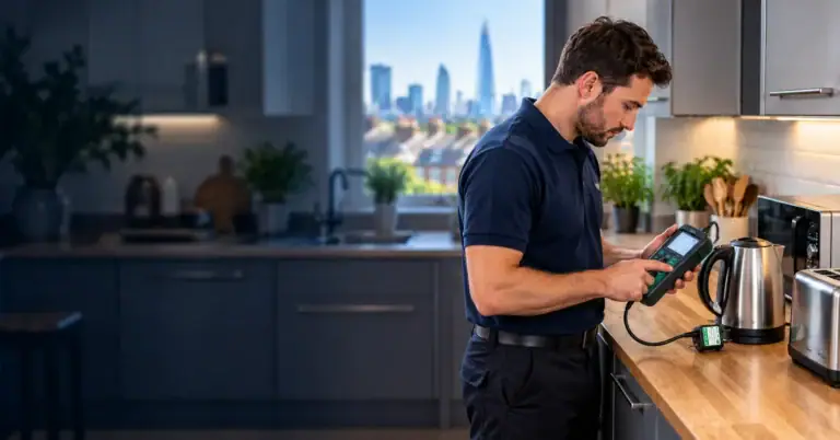 Engineer carrying out PAT testing on a kettle in a London rental property